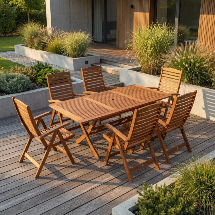 Gartenmöbel Set aus Eukalyptusholz Bradford Tisch (200x100 cm) + 6 Calgary Stühle.webp