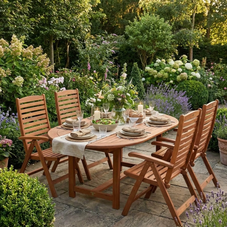 Gartenmöbel-Set aus Eukalyptusholz Ovaler Tisch Oldham + 4 Calgary Stühle mercuroius.webp
