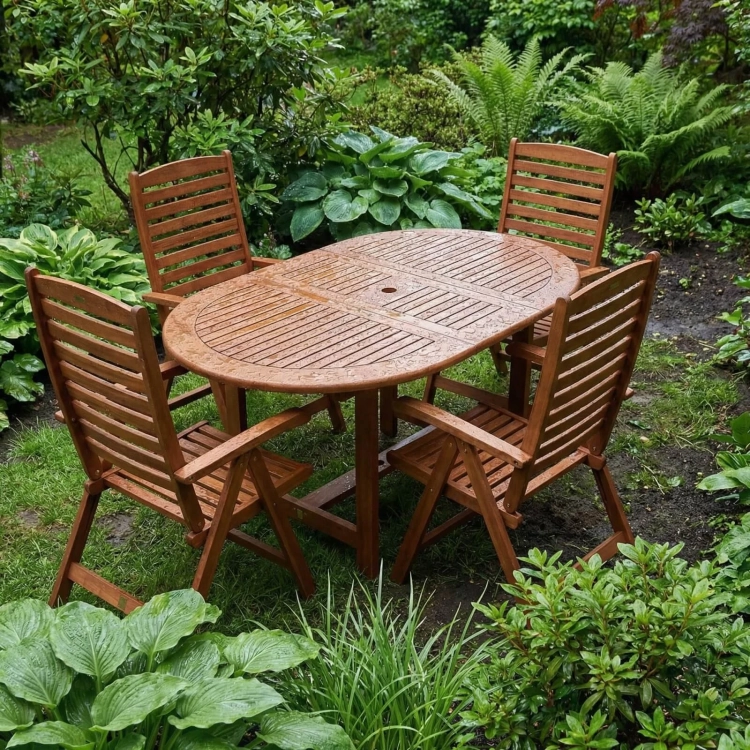 Gartenmöbel-Set aus Eukalyptusholz Ovaler Tisch Oldham + 4 Calgary Stühle regnet.webp