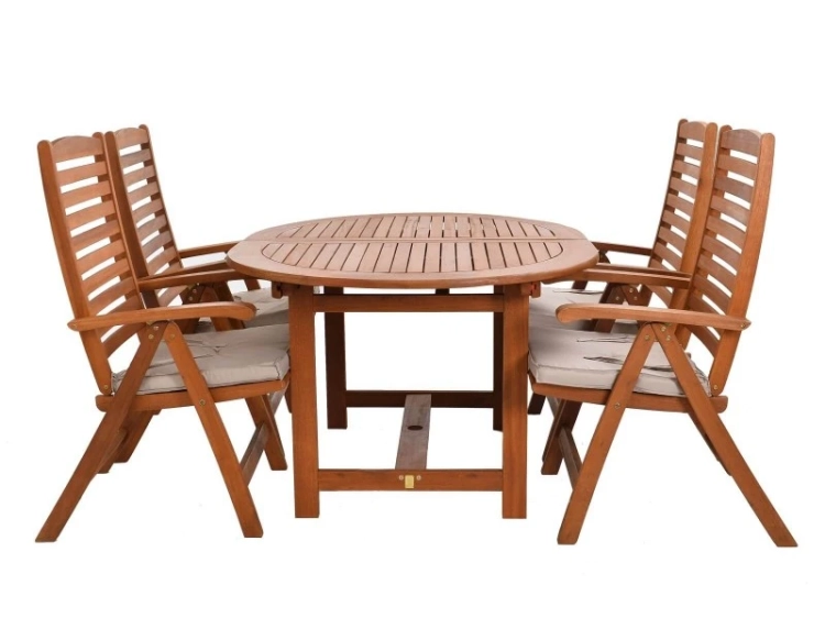 Gartenmöbel-Set aus Eukalyptusholz Ovaler Tisch Oldham + 4 Calgary Stühle sitz beige.webp