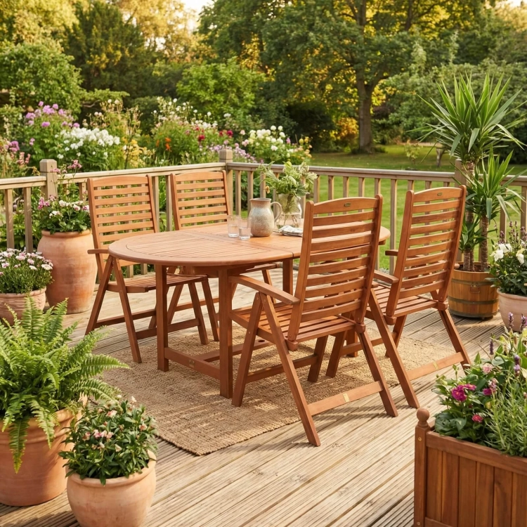 Gartenmöbel-Set aus Eukalyptusholz Ovaler Tisch Oldham + 4 Calgary Stühle tarrase.webp