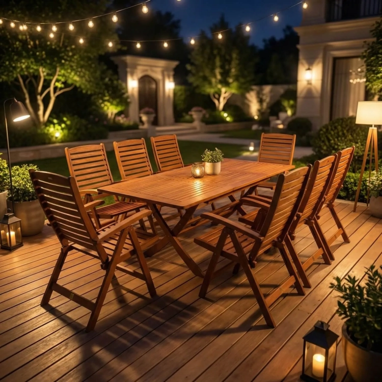 Gartenmöbel-Set aus Eukalyptusholz Tisch Bradford (200x100 cm) + 8 Calgary Stühle berlin mercurius shop.webp