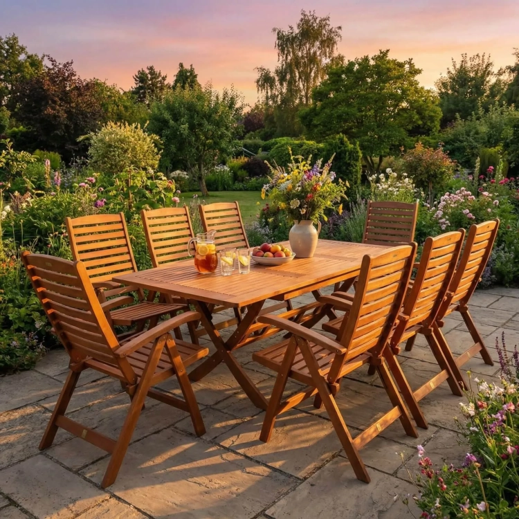 Gartenmöbel-Set aus Eukalyptusholz Tisch Bradford (200x100 cm) + 8 Calgary Stühle Berlin mercurius.webp