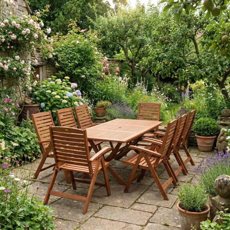 Gartenmöbel-Set aus Eukalyptusholz Tisch Bradford (200x100 cm) + 8 Calgary Stühle Berlin.webp