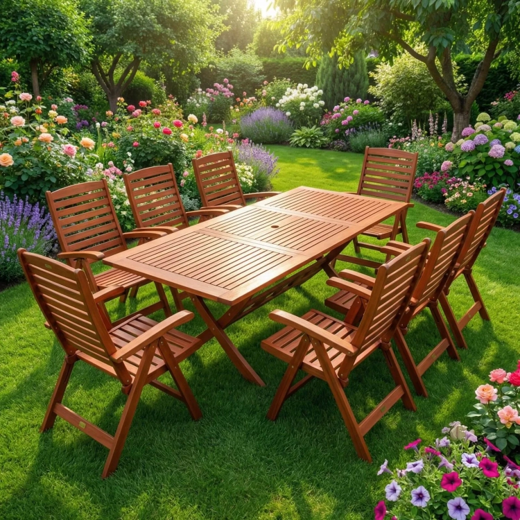 Gartenmöbel-Set aus Eukalyptusholz Tisch Bradford (200x100 cm) + 8 Calgary Stühle mercurius.webp