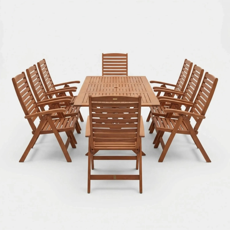 Gartenmöbel-Set aus Eukalyptusholz Tisch Bradford (200x100 cm) + 8 Calgary Stühle.webp