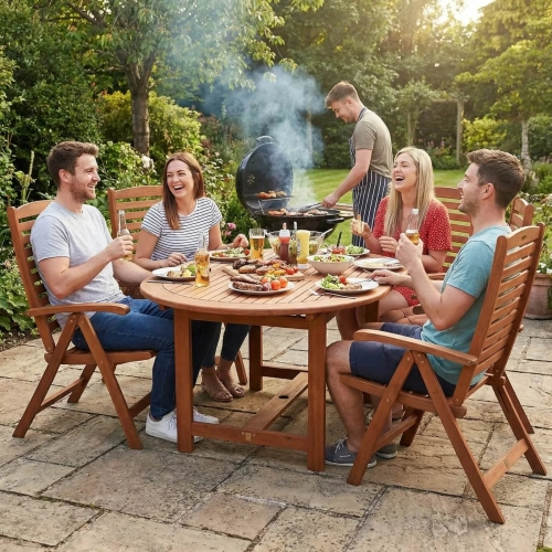 Gartenmöbel-Set aus Eukalyptusholz Ovaler Tisch Oldham + 6 Calgary Stühle berlin mercurius shop.webp