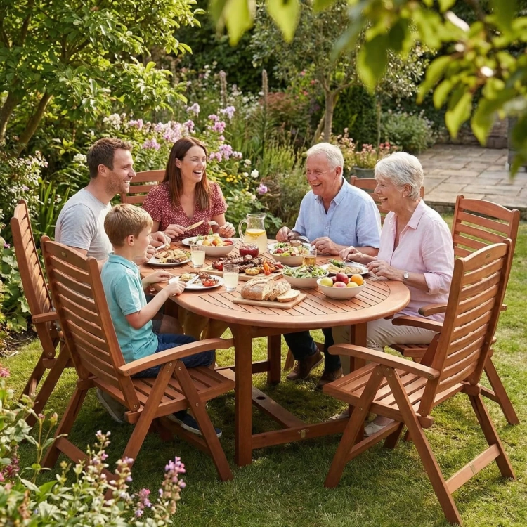 Gartenmöbel-Set aus Eukalyptusholz Ovaler Tisch Oldham + 6 Calgary Stühle Berlin.webp