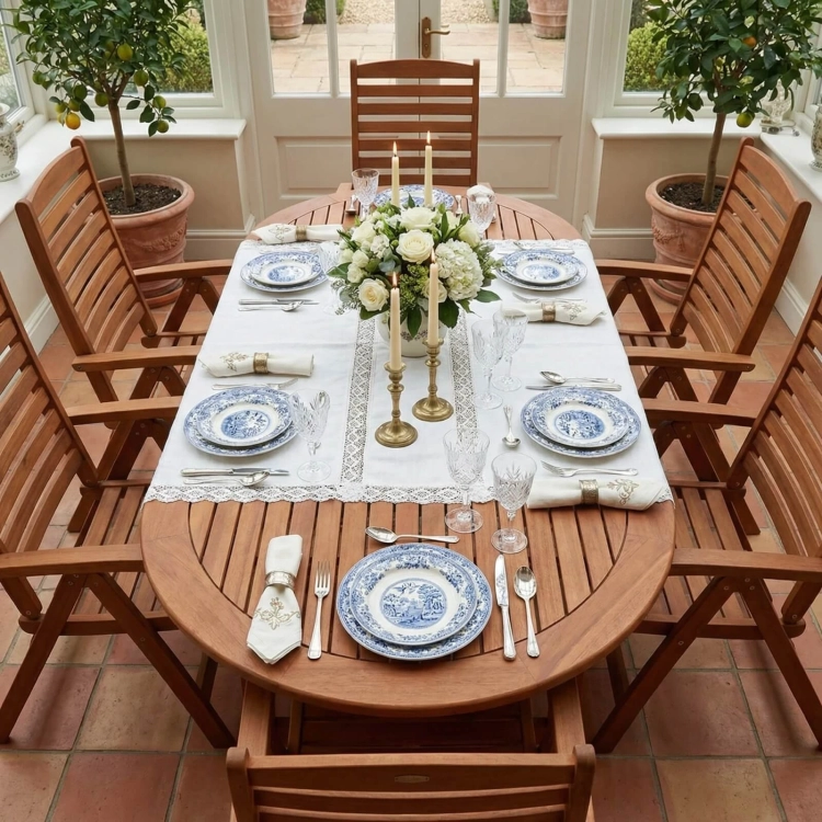 Gartenmöbel-Set aus Eukalyptusholz Ovaler Tisch Oldham + 6 Calgary Stühle mercurius Berlin.webp