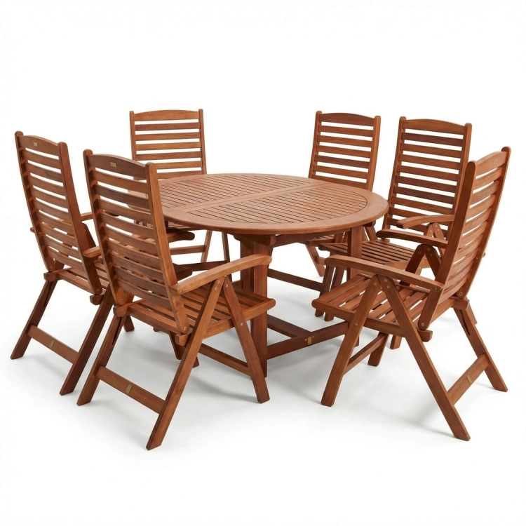 Gartenmöbel-Set aus Eukalyptusholz Ovaler Tisch Oldham + 6 Calgary Stühle.webp