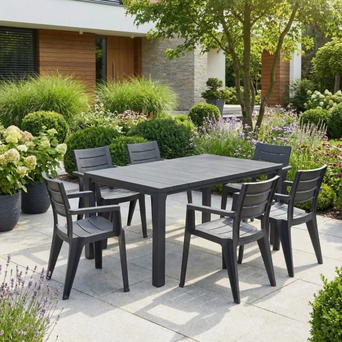 Gartenmöbel-Set Julie Großer Esstisch & 6 Gartenstühle – Graphit.webp
