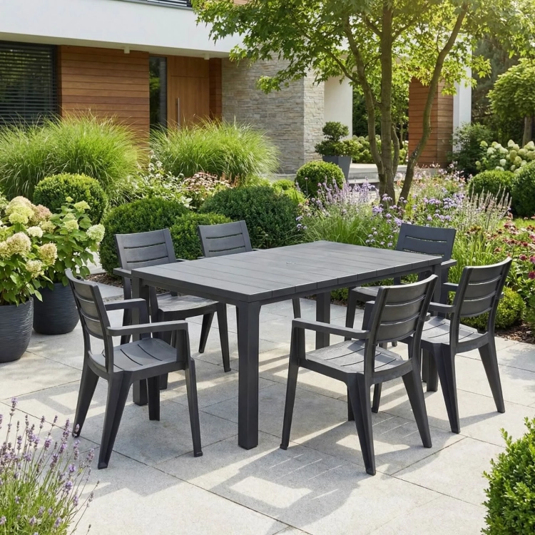 Gartenmöbel-Set Julie Großer Esstisch & 6 Gartenstühle – Graphit.webp