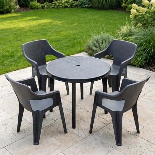 Gartenmöbel-Set Lisa & Bilbao Quadratischer Tisch & 4 stapelbare Stühle – Graphit mercurius.webp