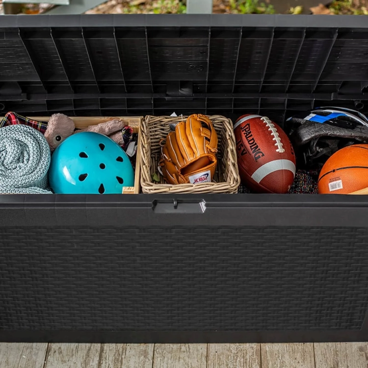 Gartenbox Samoa 270L Wetterfeste Auflagenbox in Rattan-Optik – Graphit kaste.webp