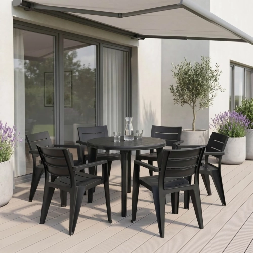 Gartenmöbel Set Lisa & 6 Julia Sessel – Polyrattan-Optik Essgruppe für 6 Personen (Graphit).webp
