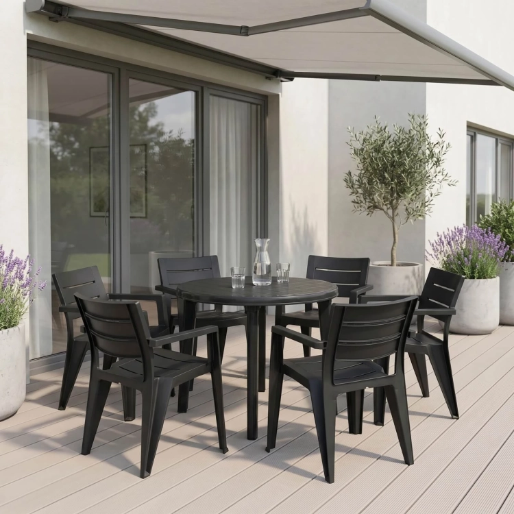 Gartenmöbel Set Lisa & 6 Julia Sessel – Polyrattan-Optik Essgruppe für 6 Personen (Graphit).webp