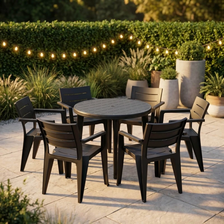 Gartenmöbel Set Lisa & 6 Julia Sessel – Polyrattan-Optik Essgruppe für 6 Personen (Graphit) Mercurius.webp