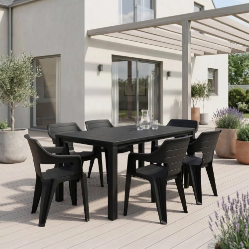 Gartenmöbel Set Julia & 6 Bilbao Sessel – Essgruppe in Polyrattan-Optik (Graphit) mercurius.webp