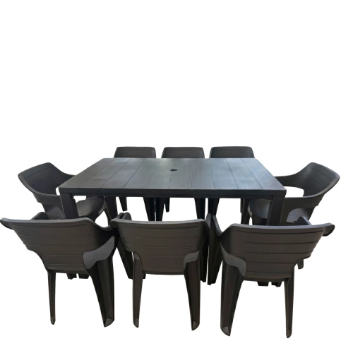 Gartenmöbel Set Julia & 8 Bilbao Sessel – Große Essgruppe in Polyrattan-Optik (Graphit).webp